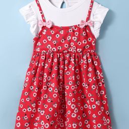 Doreme Single Jersey Knit Half Sleeves Frock With Floral Print - Red & White-image-46