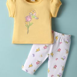 ToffyHouse Knitted Woven Half Sleeves Top & Leggings Set With Floral Print - Yellow & White-image-63