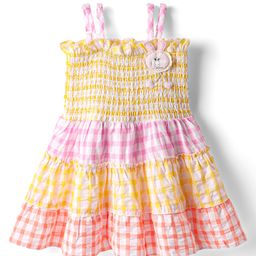 Dew Drops Cotton Woven Sleeveless Checks Frock With Bunny Applique & Smocked Detailing - Lemon Yellow-image-80