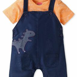 Babyhug Single Jersey Knit Half Sleeves T-Shirt & Dungaree Set with Dino Print & Embroidery - Navy Blue & Orange-image-97
