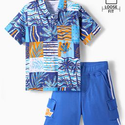 OLLINGTON ST. Cotton Half Sleeves Printed Shirt & KnitShorts - Multi & Blue-image-12