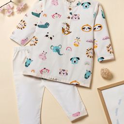 Desi Soota Cotton Full Sleeves Baby Animals Printed Kurta Pyjama Set - White-image-100