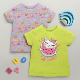 BUMZEE Cotton Pack Of 2 Half Sleeves Flamingo & Cat Printed Tees - Lime Green & Lavender-picture-47