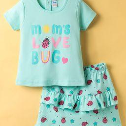 Tango Interlock Knit Half Sleeves Top & Skirts Set With Text & Floral Print - Aqua Blue-picture-13