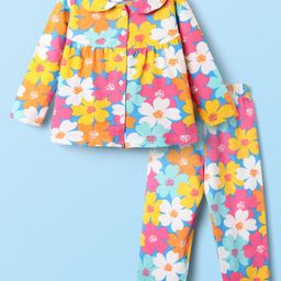 Babyhug Cotton Knit Full Sleeves Co-ords Night Suit With Floral Print - Multicolour-image-39