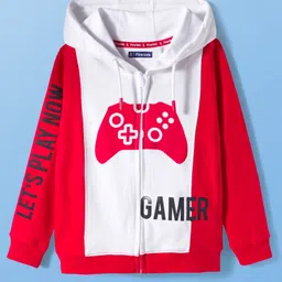 Pine Kids Cotton Knit Full Sleeves Cut & Sew Hooded SweatJacket Gaming Print - Red-picture-25