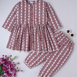BAATCHEET Cotton Woven Three Fourth Sleeves Floral Motif Printed Rajasthani Style Kurti With Coordinating Pant Set - Maroon-image-40