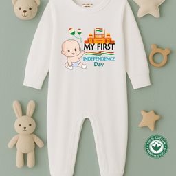 BLUSHES 100% Cotton Knit Independence Day Theme Full Sleeves My First Independence Day Text Printed Romper - White-image-71