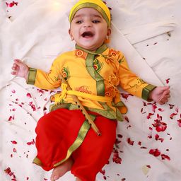 KID1 Cotton Woven Janmasthami Theme Full Sleeves Kanha Angrakha Dhoti Set With Mor Pankh Bansuri & Headband - Yellow-image-77