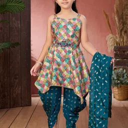 Sangria Girls Floral Foil Print & Embroidered Patch Work Silk A Line Dhoti Kurta Set-picture-46