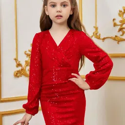 Texaso Premium Embellished V-Neck Puff Sleeve Wrap Dress-image-89