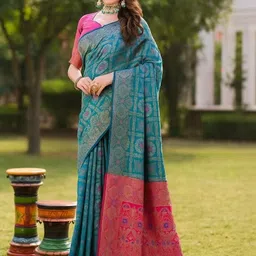 Moda Rapido Turquoise Blue Woven Design Silk Cotton Kanjeevaram Sarees-picture-42