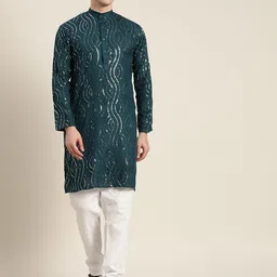 SOJANYA Men Embroidered Regular Sequinned Pure Cotton Kurta with Churidar-picture-9