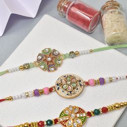 MEIRA JEWELLERY Set Of 3 Kundan Studded & Beaded Thread Rakhis-14