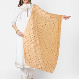 Dupatta Bazaar Beige & White Ethnic Motifs Embroidered Dupatta with Mirror Work-14