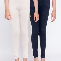 KLOTTHE Girls Pack Of 2 White & Navy-Blue Solid Ankle-Length Leggings-picture-5