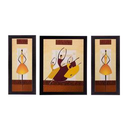 eCraftIndia Set of 3 Brown & Yellow Dancing Girls UV Wall Art-3