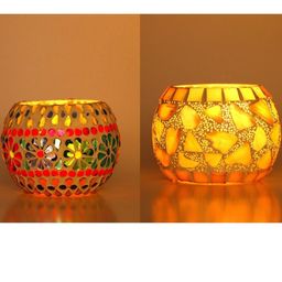 Somil Vibrant Multicolor Glass Candle Holder Add A Touch Of Magic To Diwali, Parties & Candlelight Dinners, Size-11 X 11 X 8 Cm , 9.5 X 9.5 X 7 Cm Pack OF 2-image-36