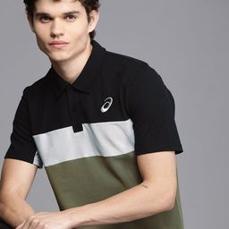 ASICS Men Olive Green & Black Colourblocked Polo Collar T-shirt-image-99