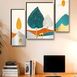 Myntra Elegant Homes White & Blue 3 Pieces Tree & Deer Birds And Animals Wall Arts-image-60