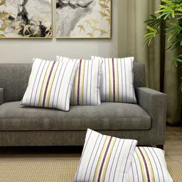 Aura White & Maroon 5 Pieces Striped Square Cotton Cushion Covers-21