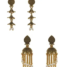ANIKAS CREATION Set Of 2 Gold-Plated Artificial Beaded Contemporary Shaped Drop Earrings image 5