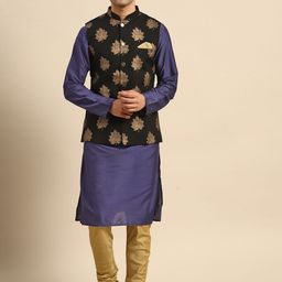 KISAH Men Navy Blue Solid Kurta with Churidar & Nehru Jacket-image-92