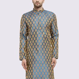 Jompers Men Teal Blue & Golden Woven Design Straight Kurta-image-64