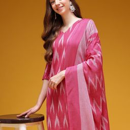 HERE&NOW Ikat Print Pure Cotton Straight Kurta with Trousers & Dupatta-image-80