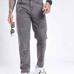 glitchez Men Slouchy Fit Applique Frayed Stretchable Jeans-picture-7