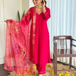 KALINI Women Embroidered Regular Thread Work Kurta with Trousers & With Dupatta-11