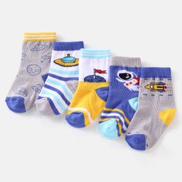 Cutewalk By Babyhug Cotton Anti Bacterial Ankle Length Space Design Socks Pack of 5 - Grey Blue & White-image-29