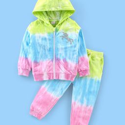 Babyhug 100% Cotton Full Sleeves Hooded T-Shirt & Lounge Pant Set Tie Dye Print- Blue Green & Pink-image-18