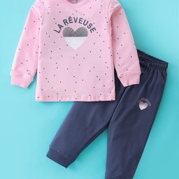 Doreme Single Jersey Full Sleeves Night Suit Heart Print - Cream Pink & Indigo Blue-picture-36