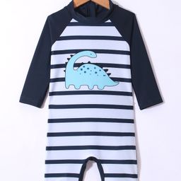KIDLINGSS Full Sleeves Dinosaur Printed & Striped Legged Swimsuit - White & Navy Blue-image-57