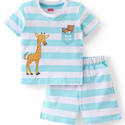 Babyhug Single Jersey Half Sleeves Striped Night Suit Giraffe & Bear Print - Light Blue-image-82