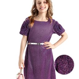 Hola Bonita Half Sleeves A Line Glitter Party Frock with Rose Detailing -Purple-image-97