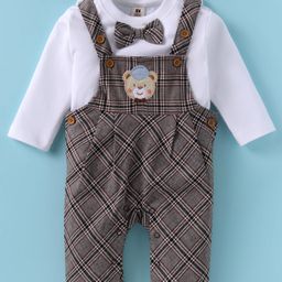 ToffyHouse Cotton Woven Checkered Party Dungaree & Full Sleeves T-Shirt With Teddy Bear Patch & Bow Applique - Brown & White-image-76
