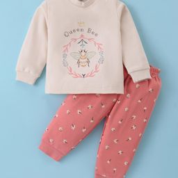 Zero Interlock Knit Full Sleeves Night Suit with Floral & Bee Print - Coral & Cream-picture-13