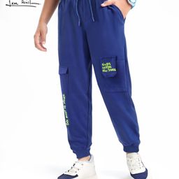Arias Cotton Knit Full Length Joggers With Cargo Pockets & Text Print - Blue-image-58