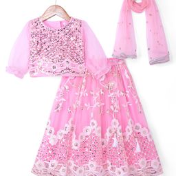 Babyhug Woven Full Sleeves Choli Lehenga & Dupatta Set With Sequin Embroidery - Pink-image-80