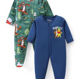 Babyhug Disney Cotton Knit Full Sleeves Sleep Suits With Winnie The Pooh Graphics Pack Of 2 - Blue & Green-image-72