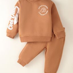 Little Kangaroos Fleece Knit Full Sleeves Text Printed Winter Wear Sweatshirt & Joggers Set - Tan-image-83