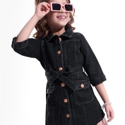 Hola Bonita Full Sleeves Front Open Solid Color Denim Shirt Dress - Black-image-30