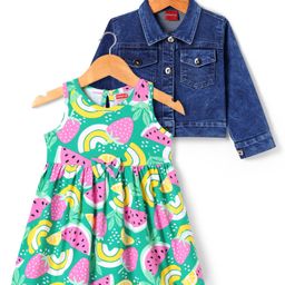 Babyhuhg Cotton Knit Frock & Full Sleeves Shrug With Watermelon Print - Green & Blue-image-27