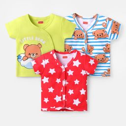 Babyhug 100% Cotton Knit Half Sleeves Front Open Vests With Star & Teddy Print Pack Of 3 - Red & Light Blue-image-49