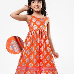 EARTHY TOUCH Single Jersey Knit Sleeveless Ethnic Dress with Floral Foil Print - Orange-picture-19