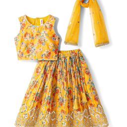 Babyhug Woven Sleeveless Choli Lehenga Set with Dupatta Set with Floral Print & Sequin Detailing - Mustard-image-22