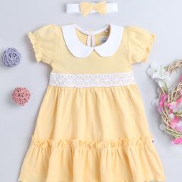 BUMZEE Interlock Knit Half Puffed Sleeves Schiffli Lace Detailed & Peter Pan Collared Dress with Headband - Yellow-picture-40