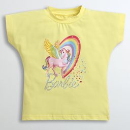 Barbie by Tiny Girl Unicorn Printed & Brand Name Text Shaped Stones Embellished Top - Yellow-image-28